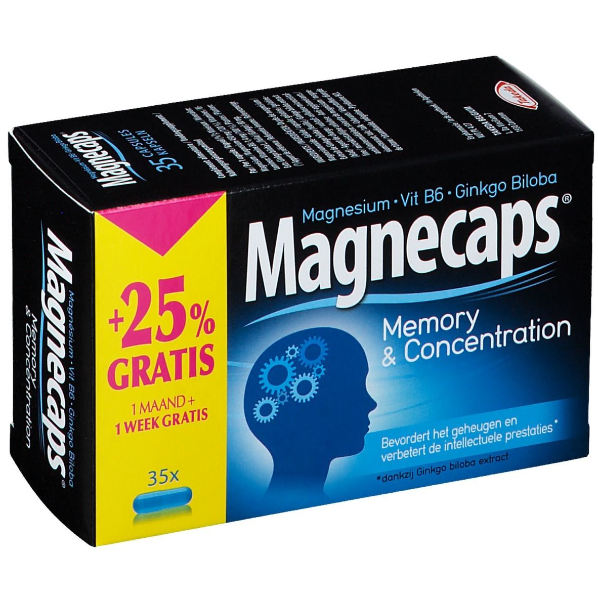 Boîte Magnecaps. Inscription: Magnésium, Vit B6, Ginkgo Biloba. +25% gratuit. 35 capsules. Mémoire et concentration. Accent jaune-rose.
