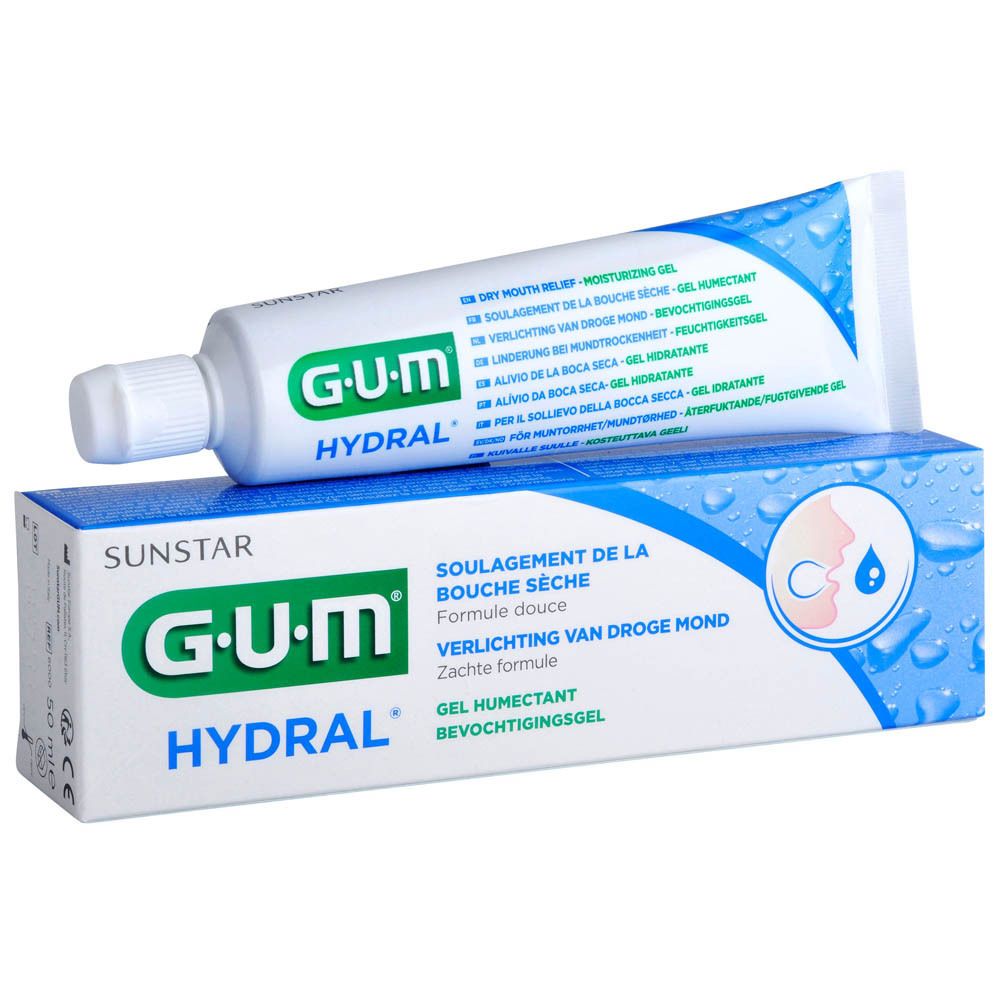 GUM Hydral tube en doos. Productnaam, logo, tekst: Dry Mouth Relief. Blauw-wit ontwerp.