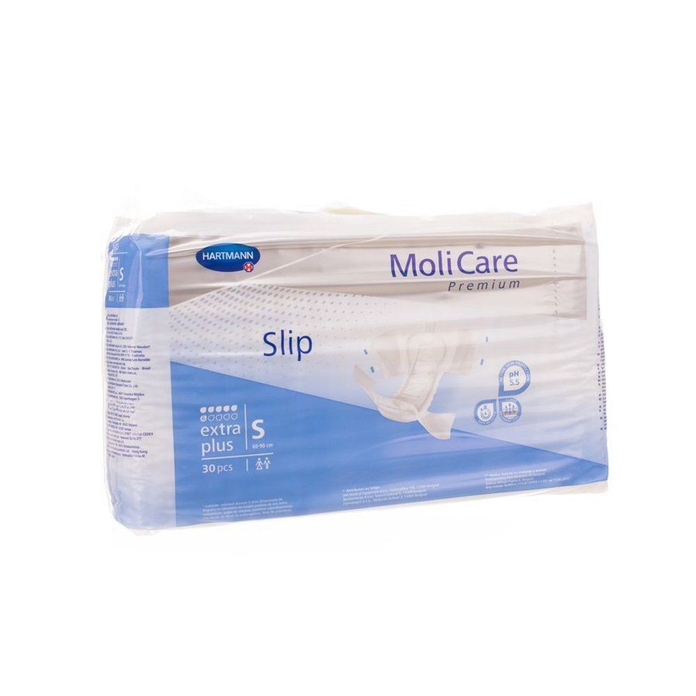 Paquet de protections Hartmann MoliCare Premium Extra+ S. Emballage bleu et blanc. Inscription : Slip, Extra Plus, 30 pièces.