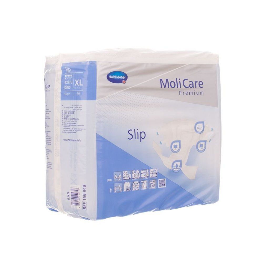 Emballage MoliCare Premium Slip XL. Marque Hartmann. Emballage blanc avec des accents bleus. Nom du produit et taille clairement visibles.