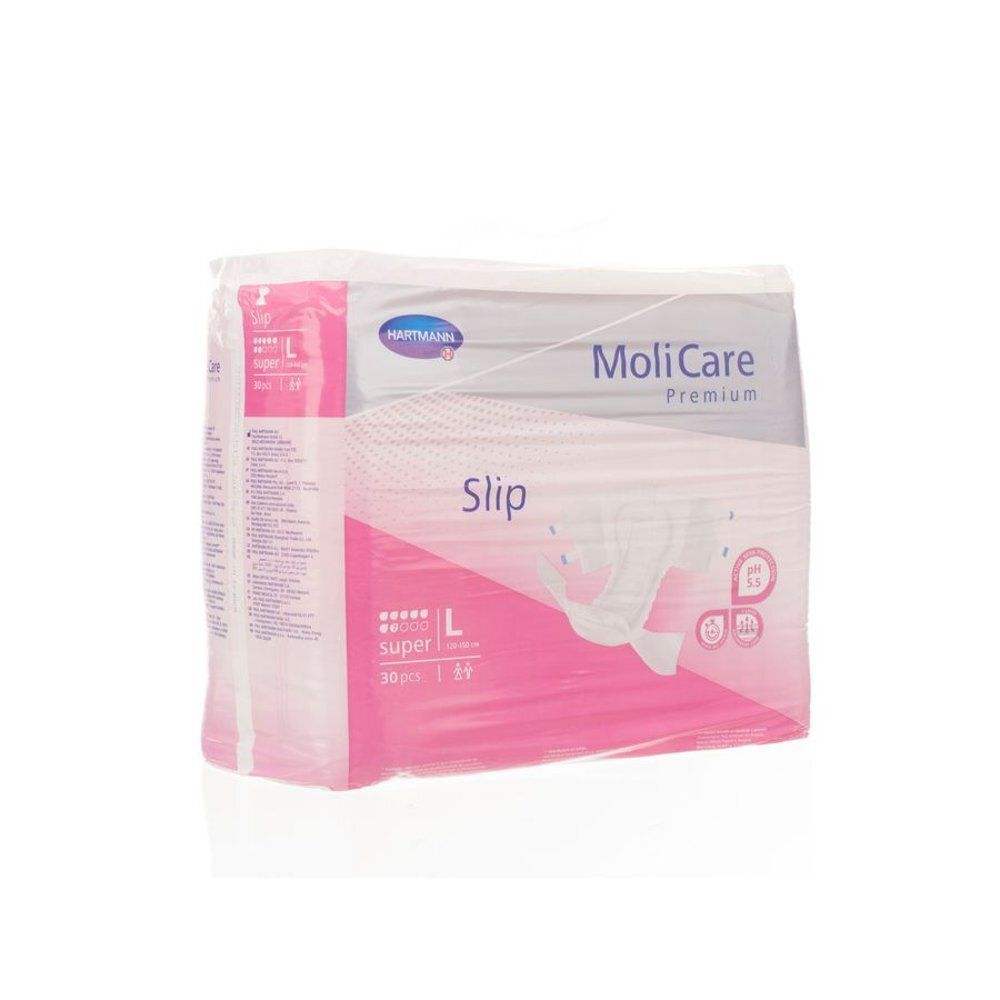 Verpakking Hartmann MoliCare Premium Super L slips. Roze en witte verpakking met productnaam en maatindicatie.