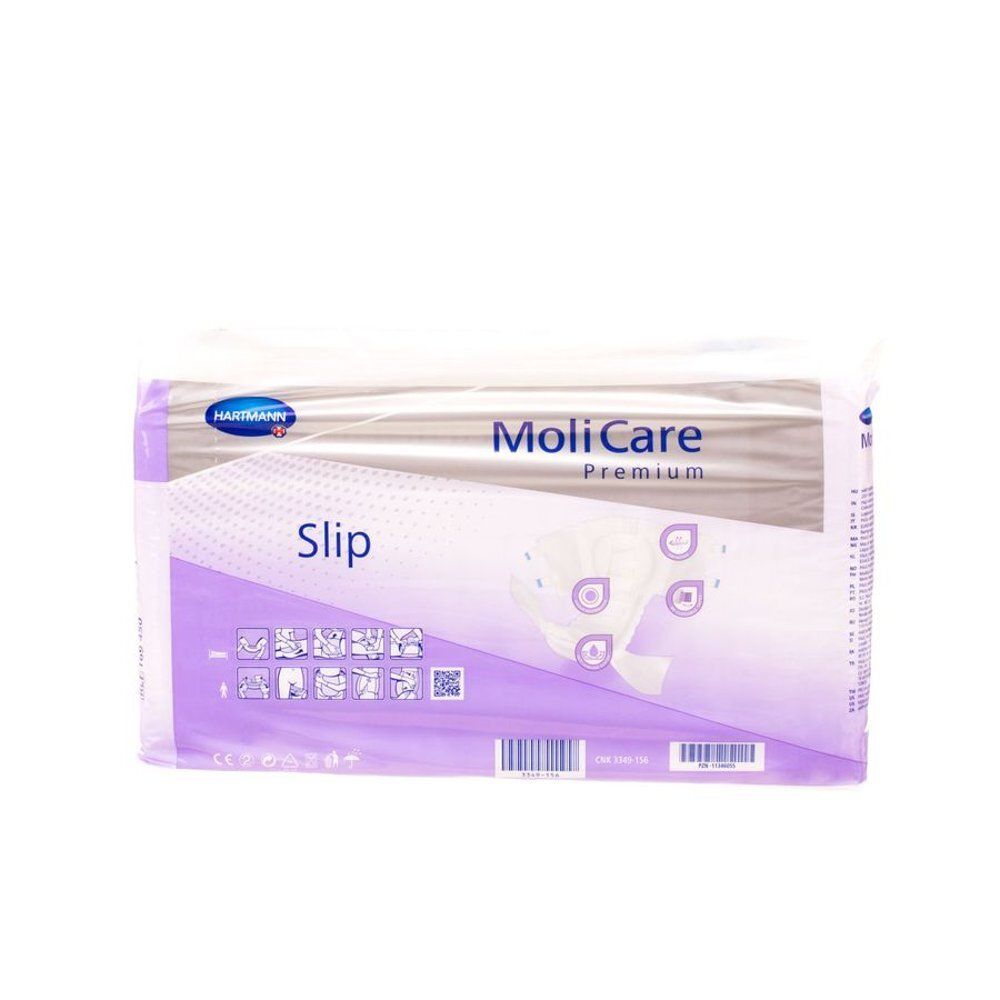 Paquet de MoliCare Premium Slip. Couleurs violet et blanc. Marque Hartmann. Inscription : Slip, pictogrammes, MoliCare Premium.