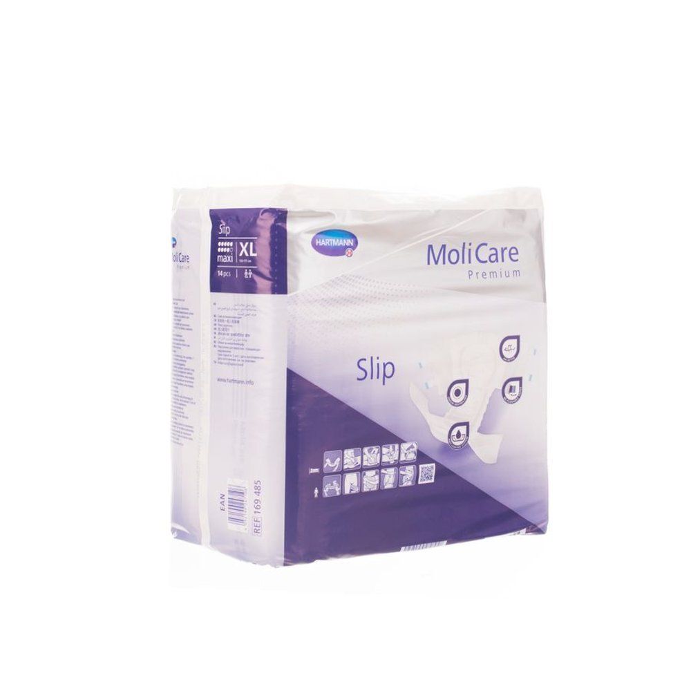 Verpakking MoliCare Premium Maxi XL. Opschrift: Slip, XL, Hartmann. Witte en paarse verpakking met productafbeelding.