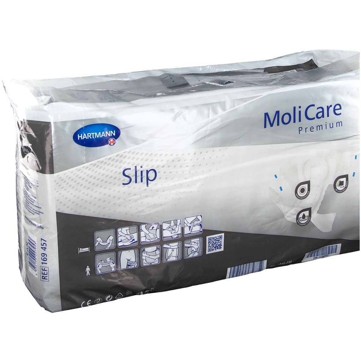 Emballage MoliCare Premium Slip. Logo Hartmann et nom du produit visibles. Illustrations et code QR sur l'emballage.