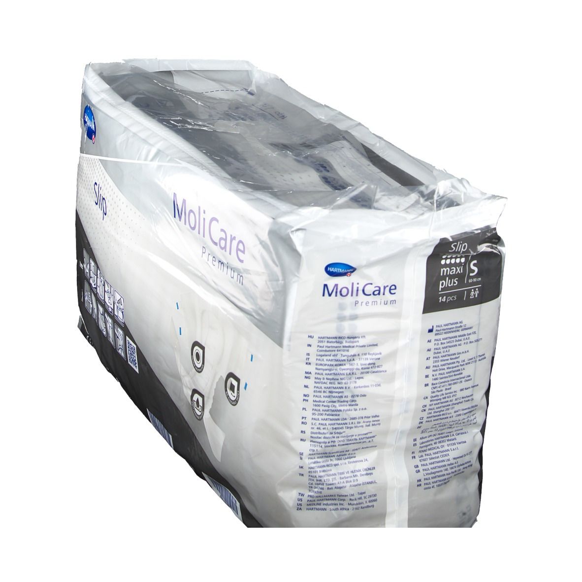 Emballage MoliCare Premium Slip. Logo Hartmann et nom du produit visibles. Taille S, maxi plus. 14 pièces.