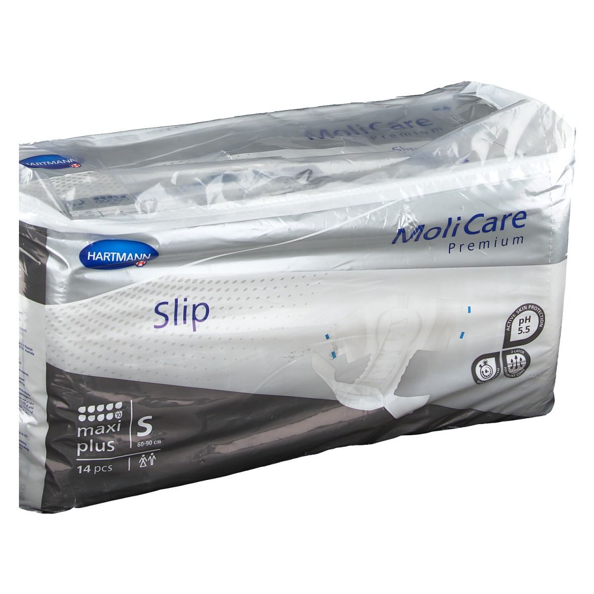 Emballage MoliCare Premium Slip. Logo Hartmann et nom du produit visibles. Taille S, maxi plus. 14 pièces. pH 5,5.