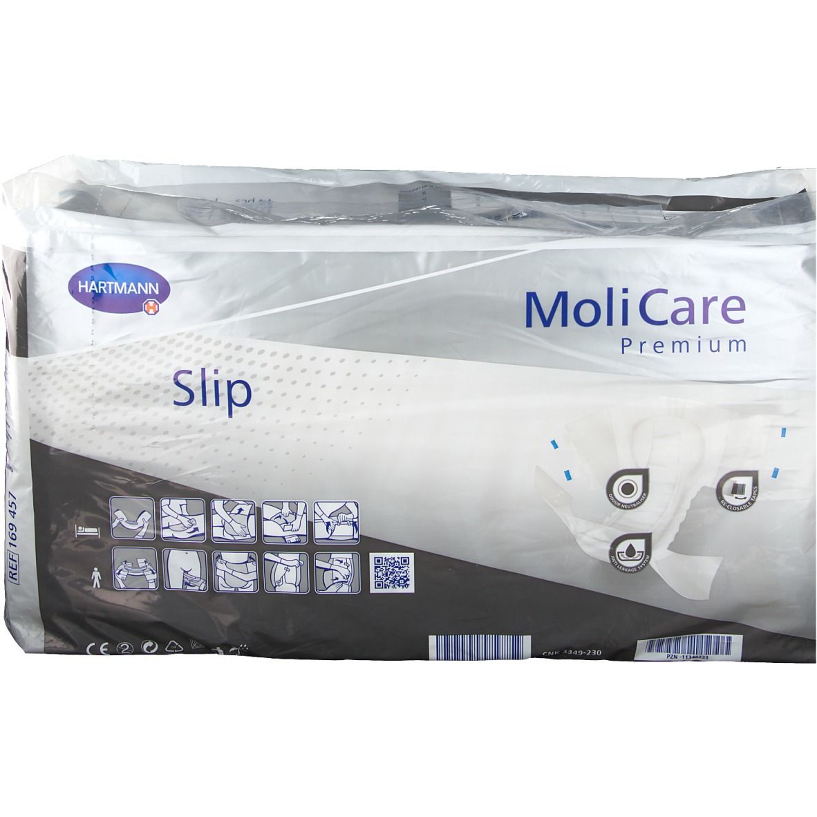 Emballage MoliCare Premium Slip. Logo Hartmann et nom du produit visibles. Illustrations et code QR sur l'emballage.