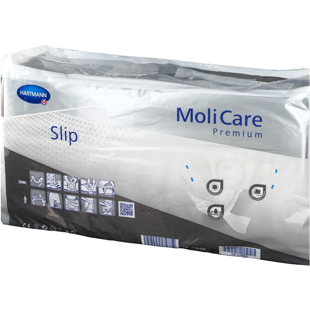 Emballage MoliCare Premium Slip. Logo Hartmann et nom du produit visibles. Illustrations et code QR sur l'emballage.