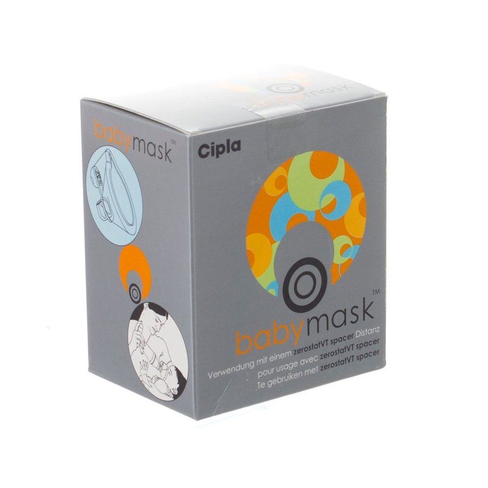 Grijze verpakking met productafbeelding en tekst. Opschrift "baby mask" en "Cipla".