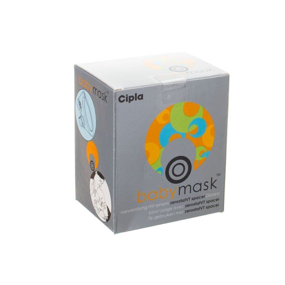 Grijze verpakking met productafbeelding en tekst. Opschrift "baby mask" en "Cipla".
