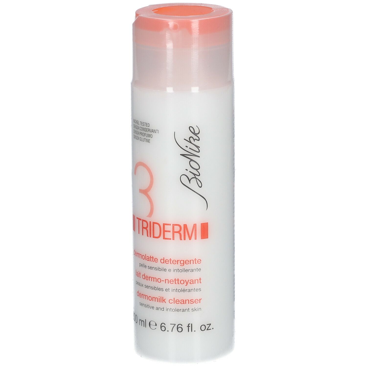 Flacon blanc avec bouchon rose. Inscription : 3 TRIDERM, Bionike. 200 ml.