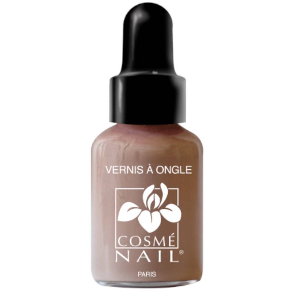 Flacon de vernis à ongles avec bouchon noir et pipette. Inscription: Vernis à Ongle, Cosmé Nail Paris. Couleur: Grège.