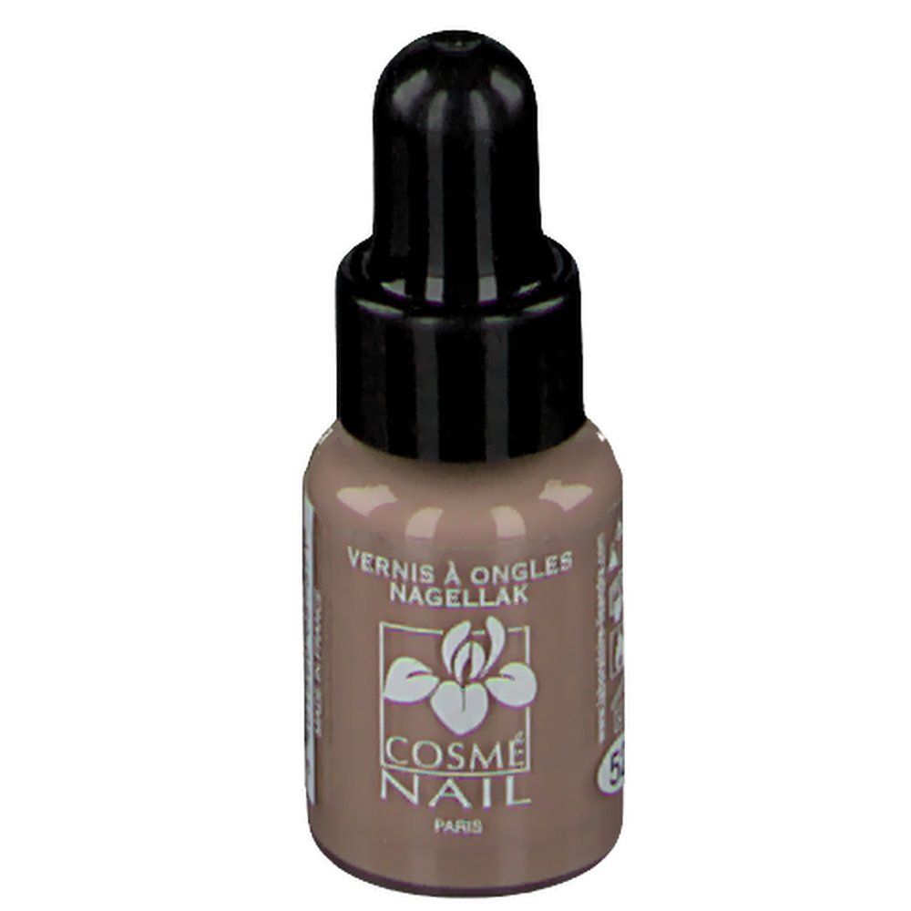 Flacon de vernis à ongles avec bouchon noir et pipette. Inscription: Vernis à Ongles Nagellak, Cosmé Nail Paris. Couleur: Grège.
