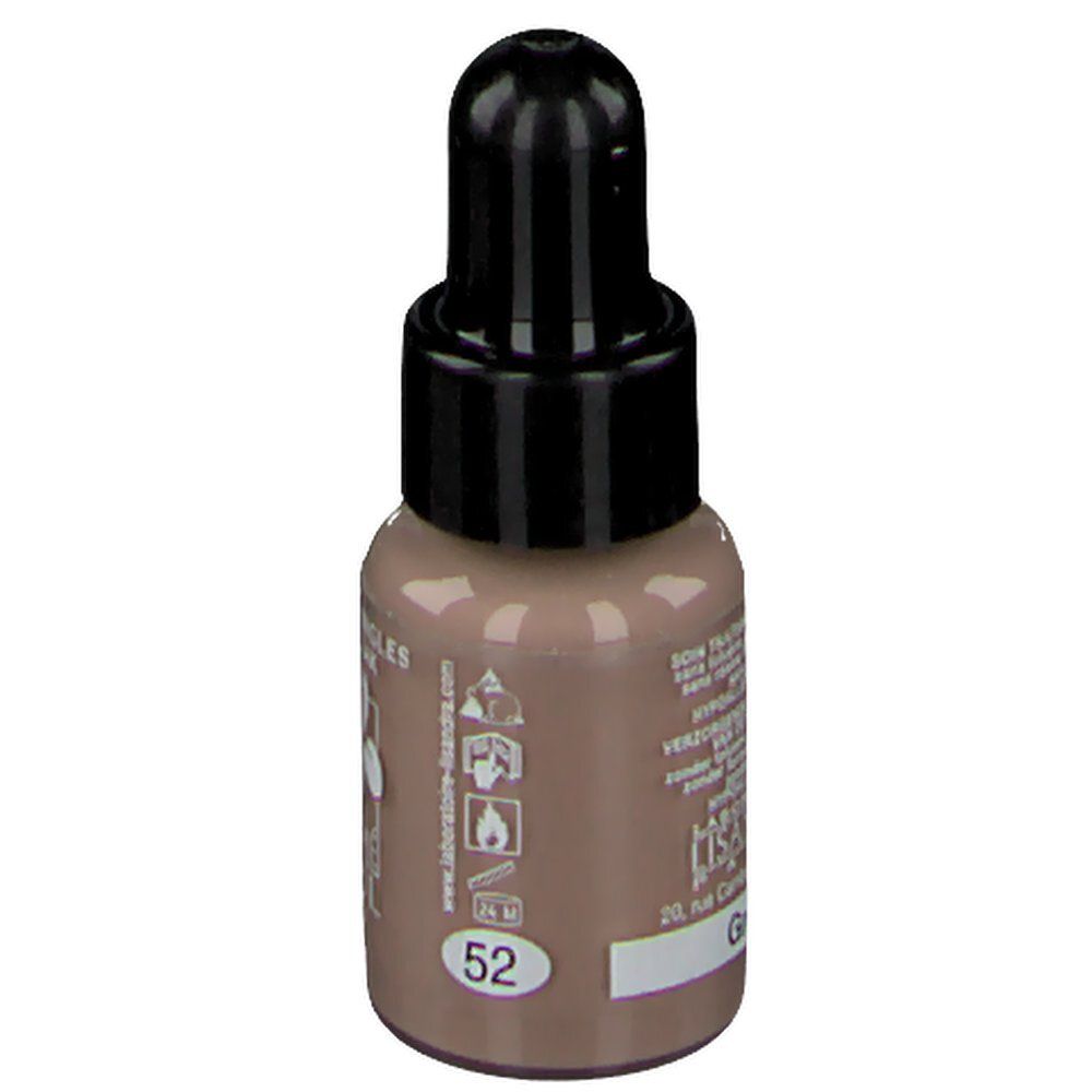 Flacon de vernis à ongles avec bouchon noir et pipette. Inscription: Vernis à Ongles, Nagellak. Couleur: 52 Grège. Texte au dos.