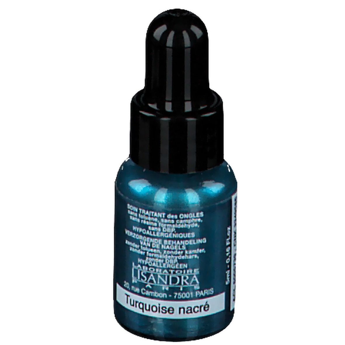 Flacon de vernis à ongles turquoise avec bouchon noir. Inscription : Turquoise nacré. Flacon avec compte-gouttes.
