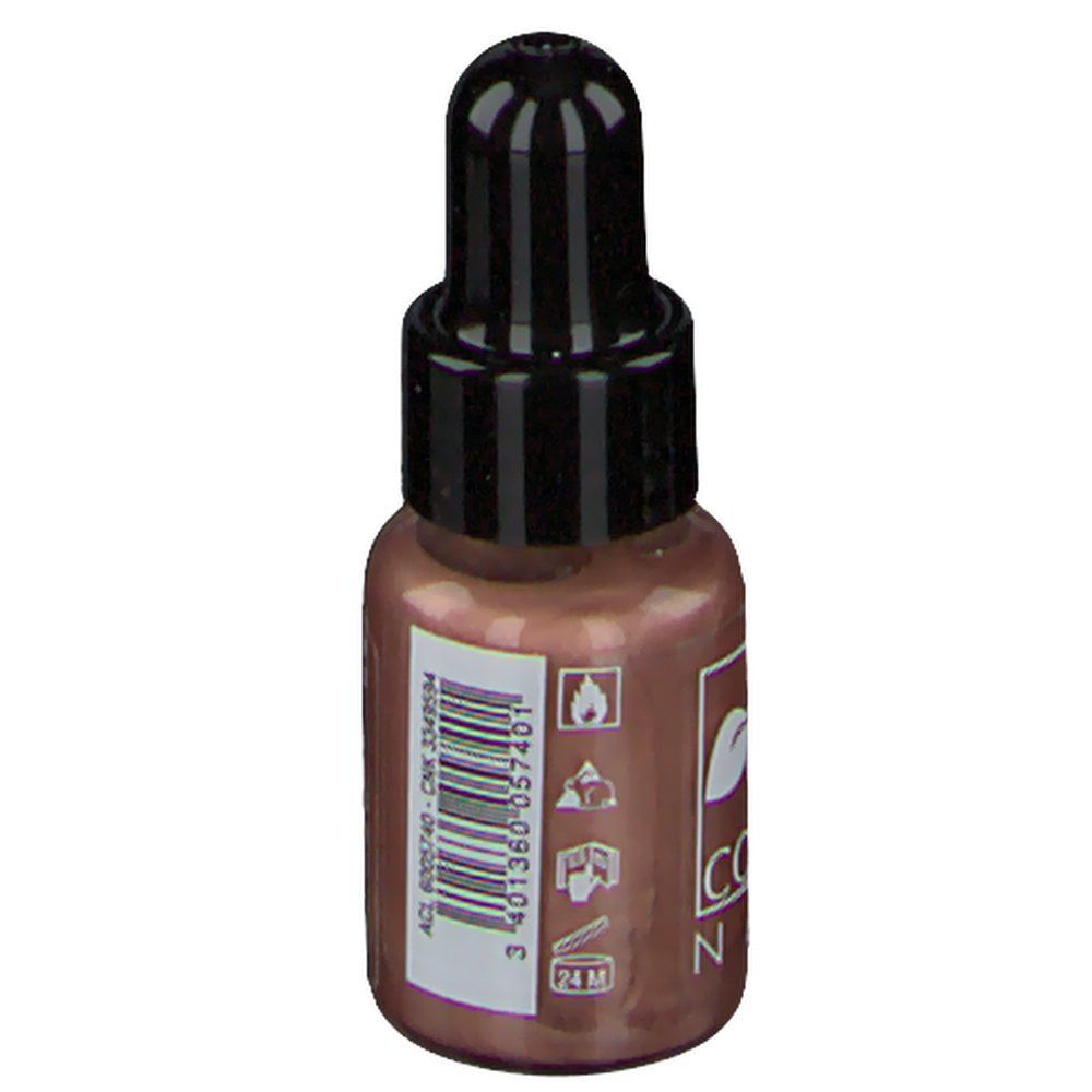 Koperkleurige nagellak in druppelflesje. Zwarte dop. Merk Lisandra. Tekst: Cuivré Nacré. Barcode.