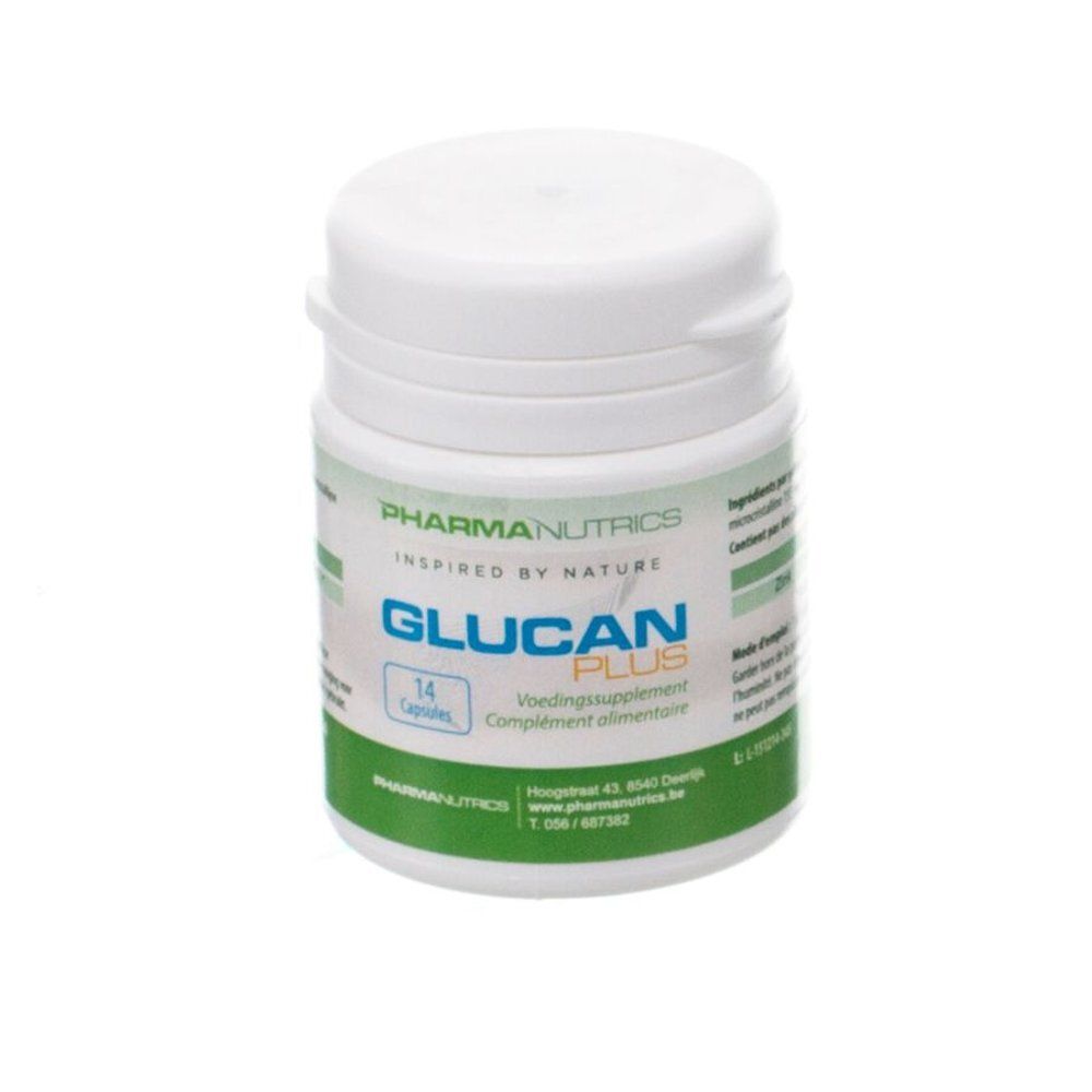 Pot blanc avec couvercle. Inscription: Pharmanutrics Glucan Plus, 14 capsules. Étiquetage vert et blanc.