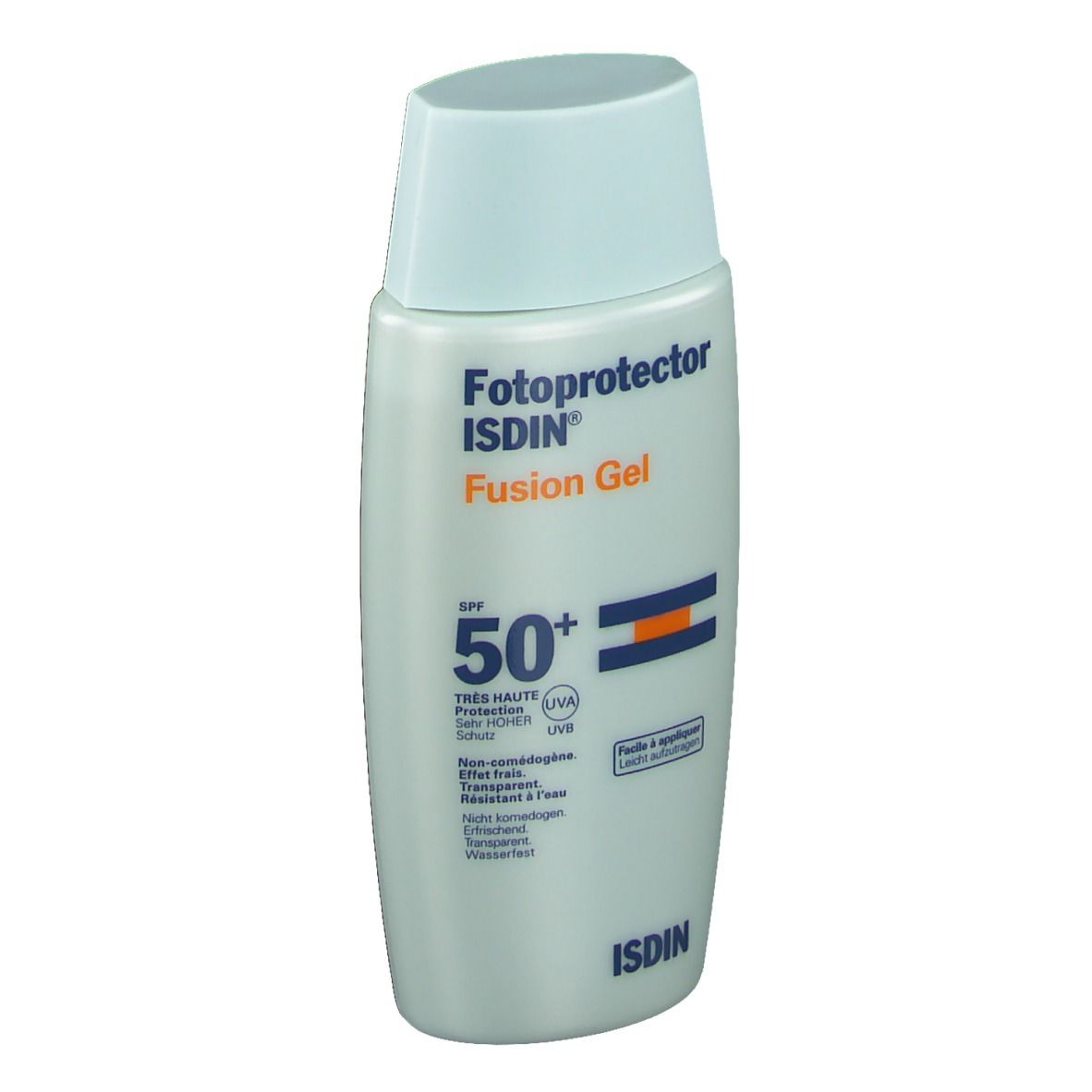 Zonnebrandcrèmefles met blauwe dop. Opschrift: Fotoprotector Fusion Gel SPF50+ van ISDIN.