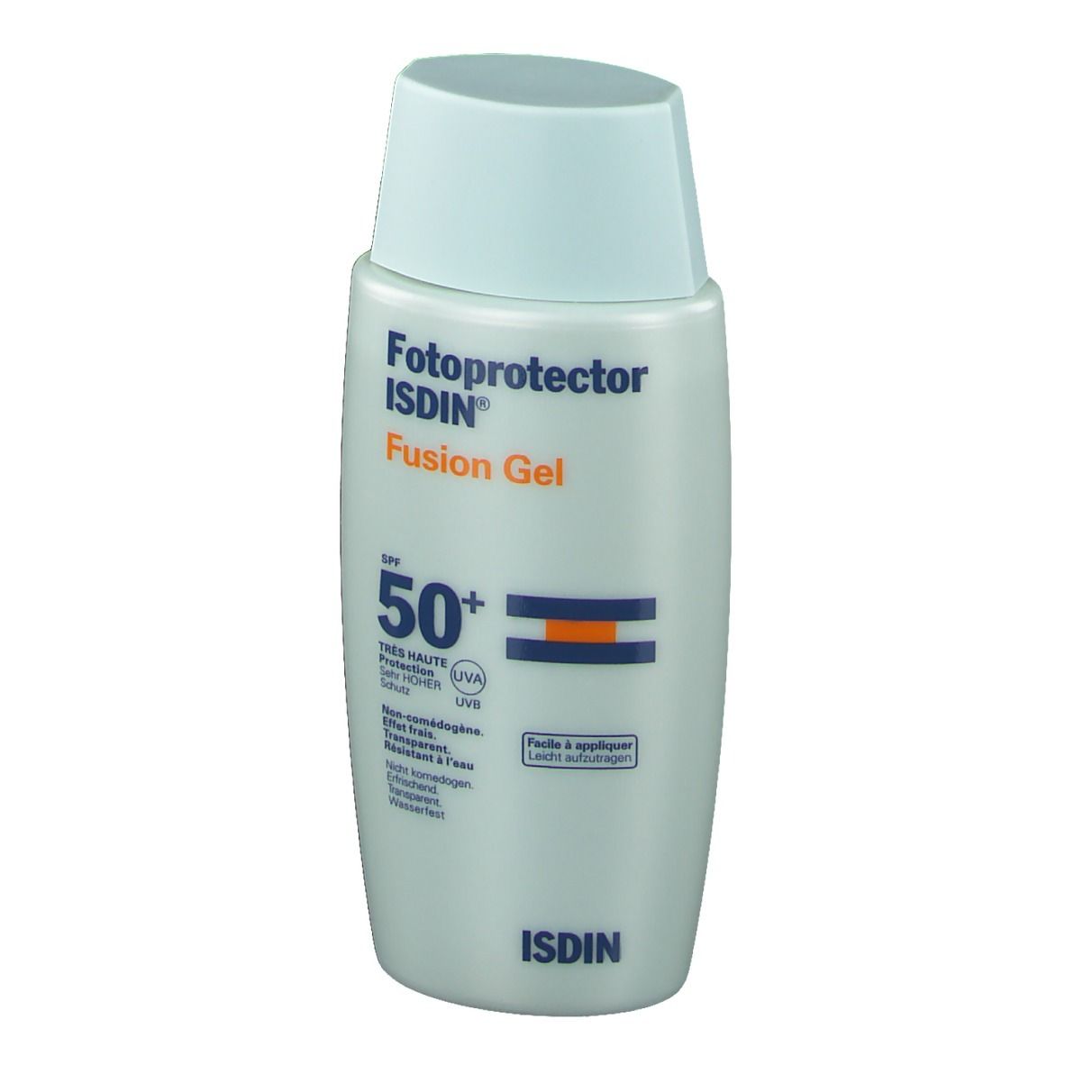 Zonnebrandcrèmefles met blauwe dop. Opschrift: Fotoprotector Fusion Gel SPF50+ van ISDIN.