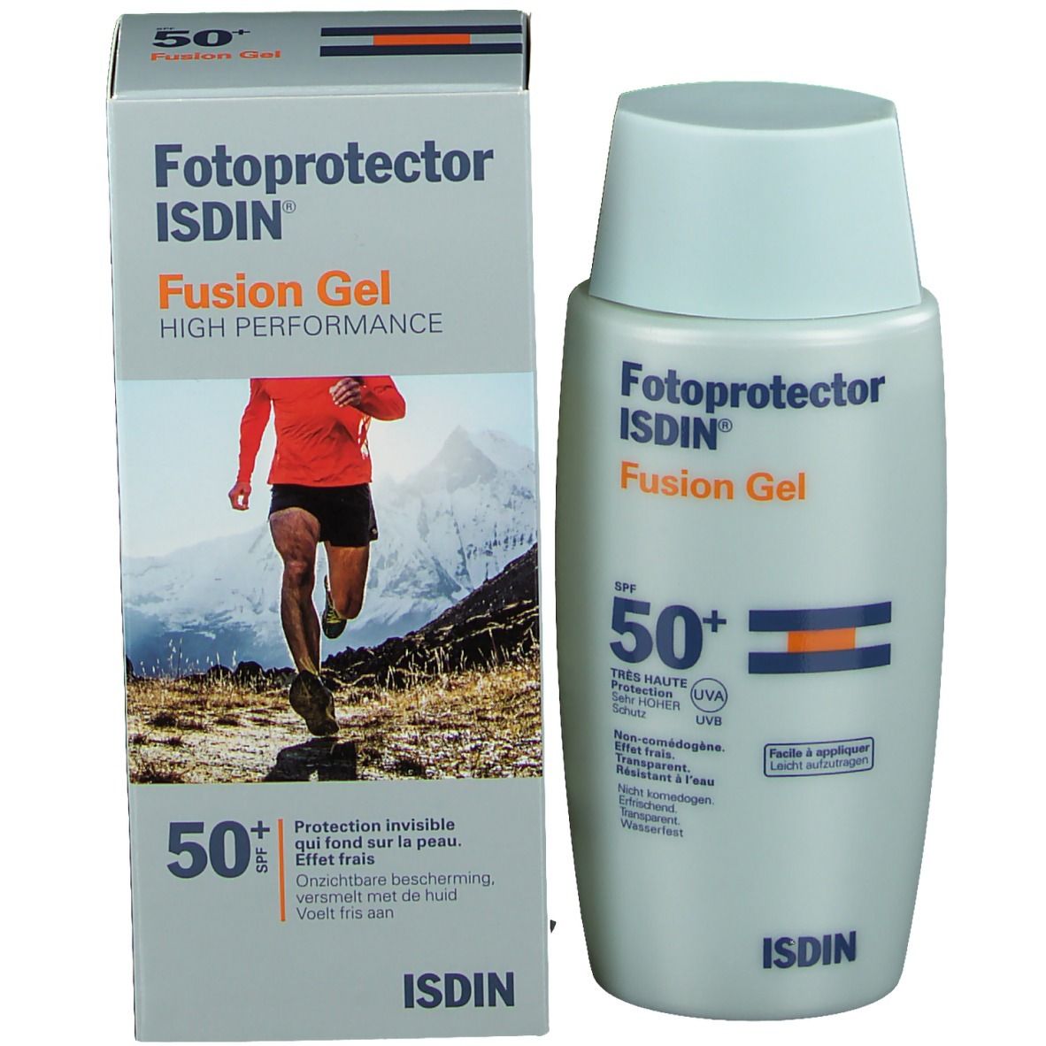 Zonnebrandcrèmefles naast verpakking. Opschrift: Fotoprotector Fusion Gel SPF50+ van ISDIN.