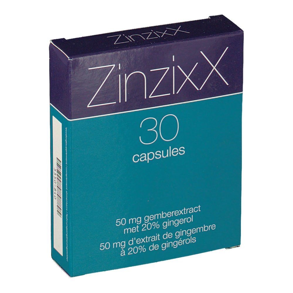 Capsuleverpakking ZinzixX. 30 capsules. Opschrift: 50 mg gemberextract met 20% gingerol.