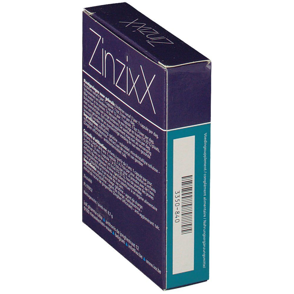 Schuin geplaatste verpakking ZinzixX. Barcode en tekst op de zijkant.