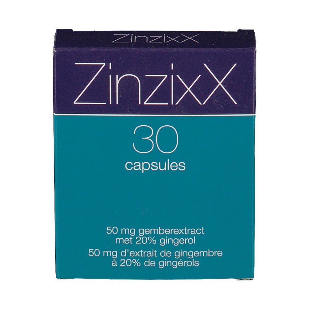 Vooraanzicht van de verpakking ZinzixX. 30 capsules. Turkoois-blauwe kleurstelling.