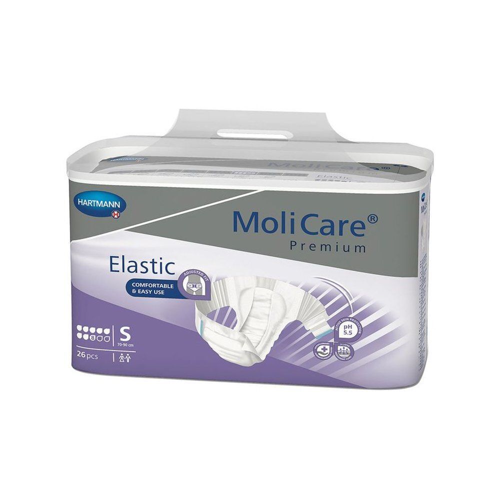Verpakking MoliCare® Premium Elastic. Opschrift: Elastic, S, 26 stuks. Merk Hartmann. Product afgebeeld.
