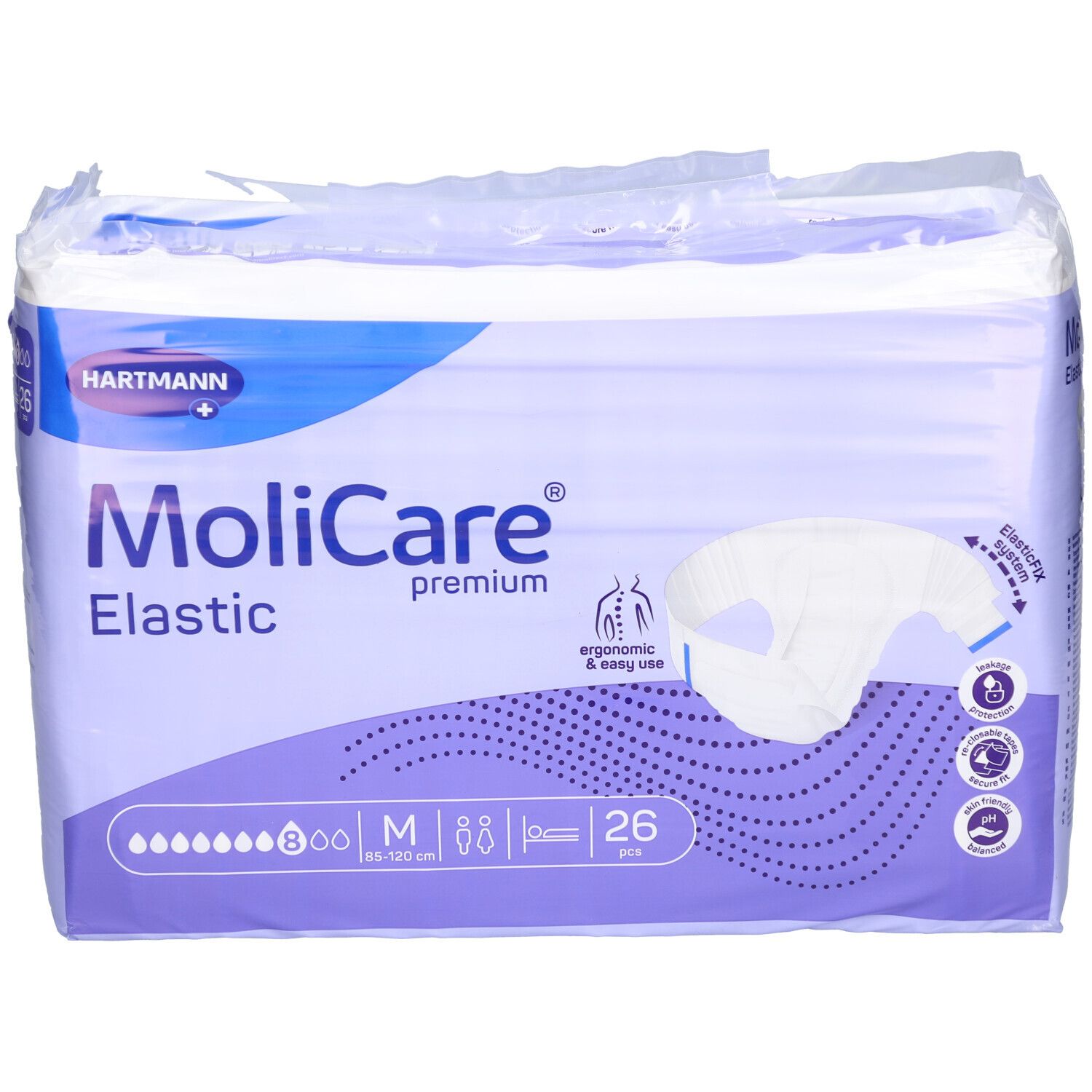 Emballage MoliCare® Premium Elastic. Taille M, 26 pièces. Marque Hartmann. Illustration du produit et informations.