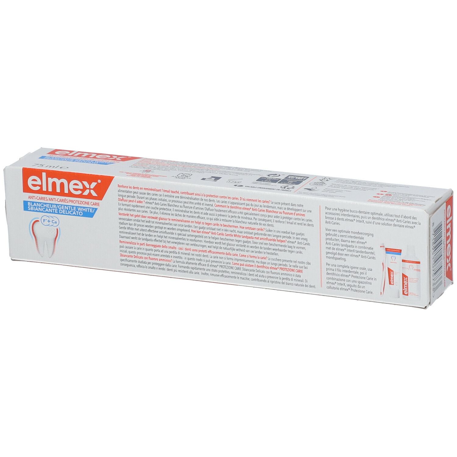 Achterkant van de tandpasta verpakking. Tekst en illustraties. Merk: elmex.