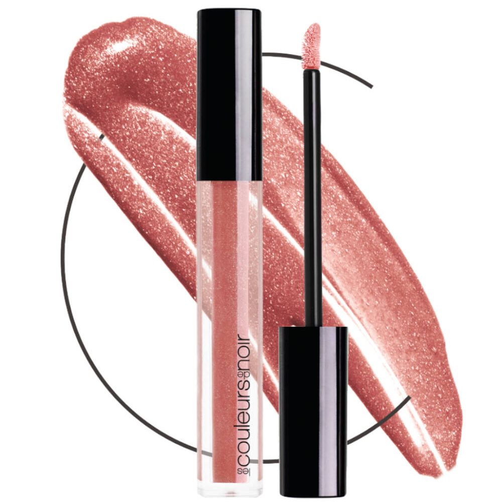 Gloss à lèvres avec bouchon et applicateur noirs. Récipient transparent avec contenu rose. Logo Les Couleurs de Noir.