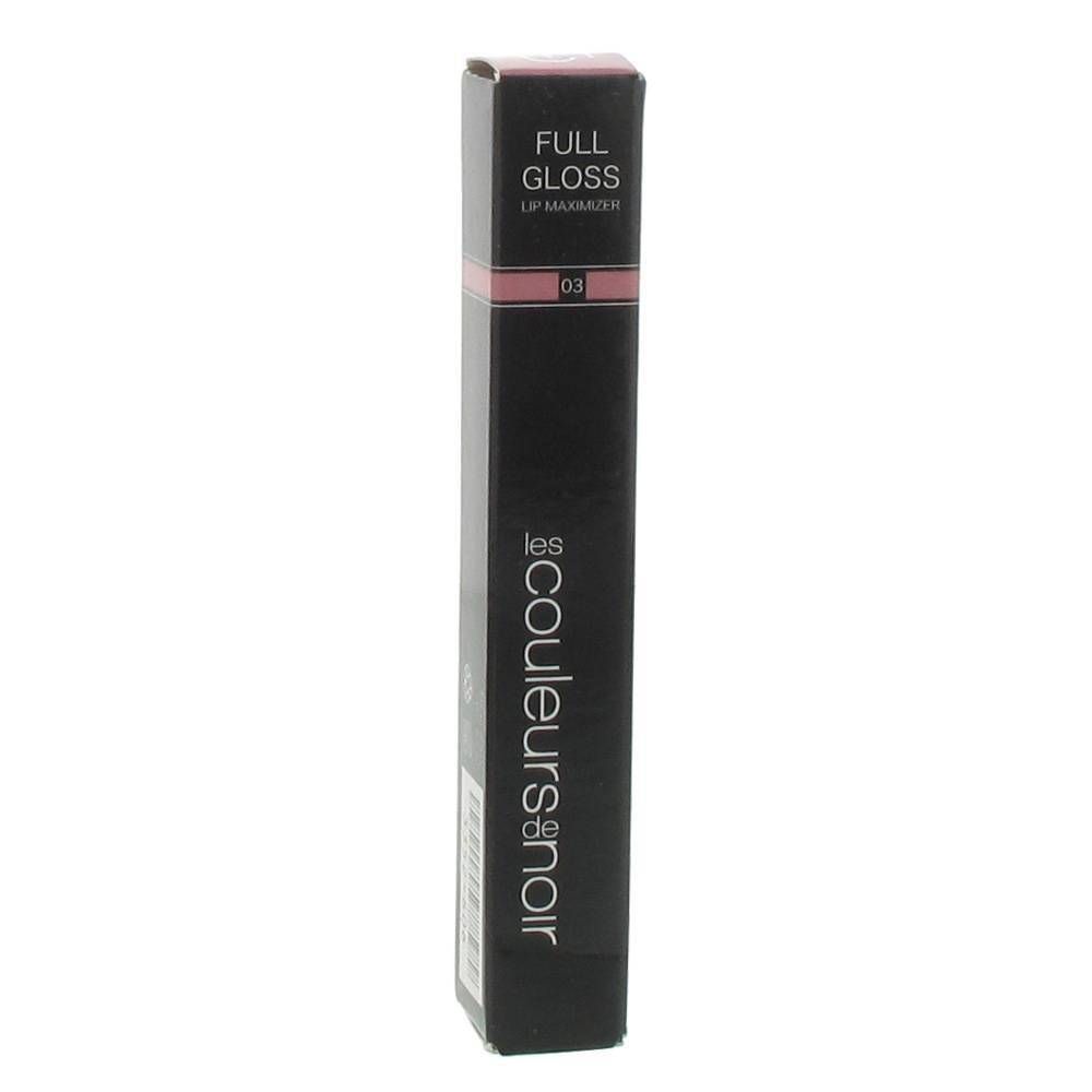 Emballage noir avec informations produit. Logo Les Couleurs de Noir. Inscription Full Gloss Lip Maximizer 03.