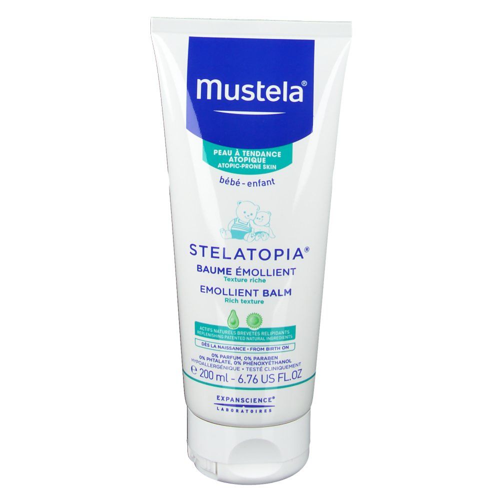 Witte tube Mustela STELATOPIA, Baume Emollient. Tekst in het Frans en Engels. Inhoud 200 ml. Voor atopische huid.