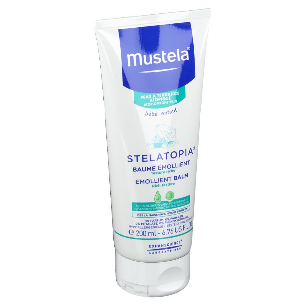 Witte tube Mustela STELATOPIA, Baume Emollient. Tekst in het Frans en Engels. Inhoud 200 ml. Voor atopische huid.