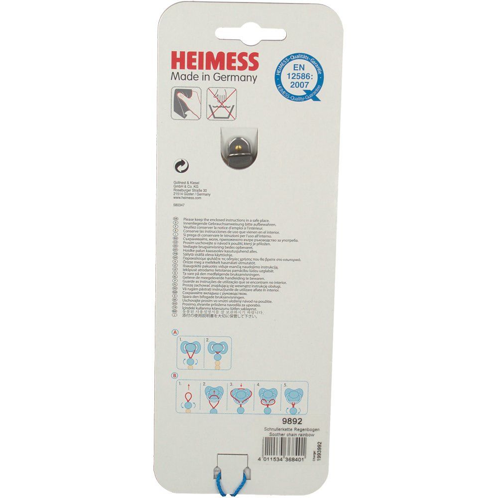 Verpakking van de fopspeenketting. Merk HEIMESS, Made in Germany. EN 12586:2007-certificering. Instructies en productnummer 9892.