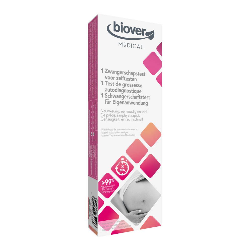 Boîte de test de grossesse. Marque Biover. Texte: Test de grossesse, simple, rapide.