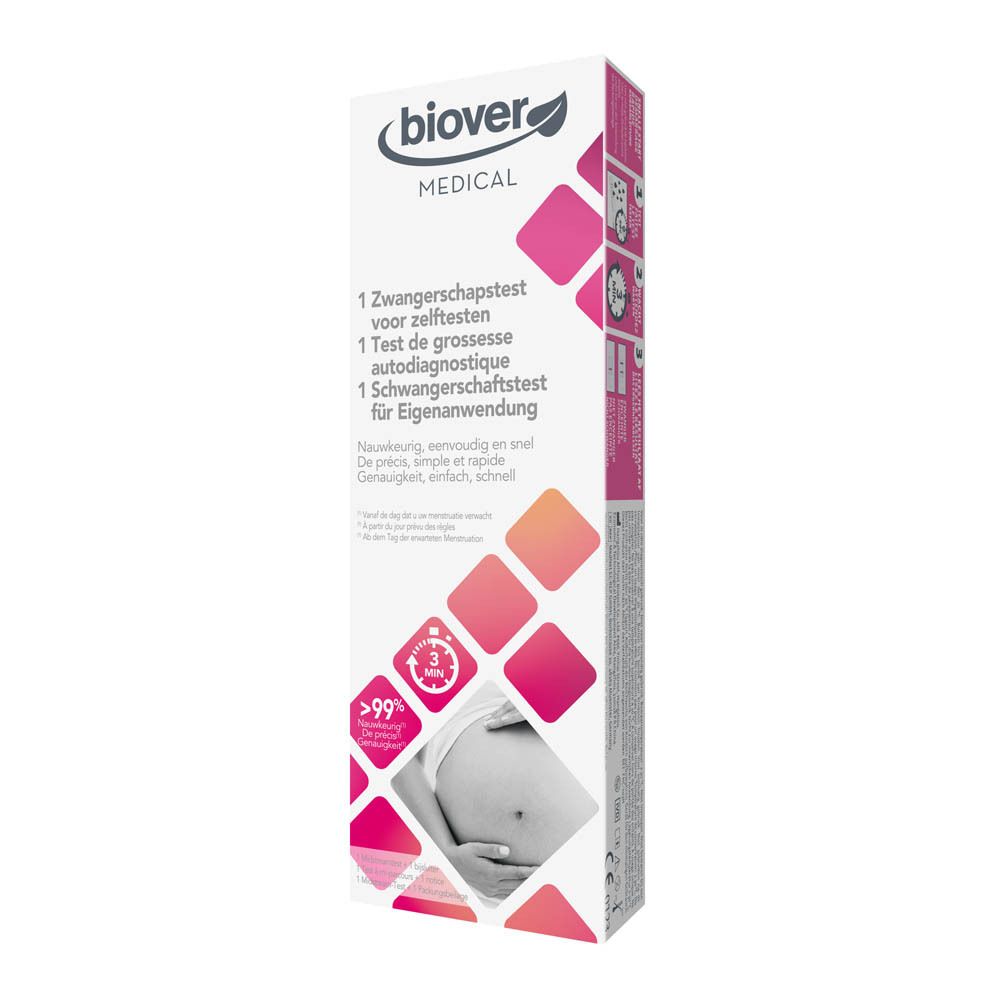 Boîte de test de grossesse. Marque Biover. Texte: Test de grossesse, simple, rapide.
