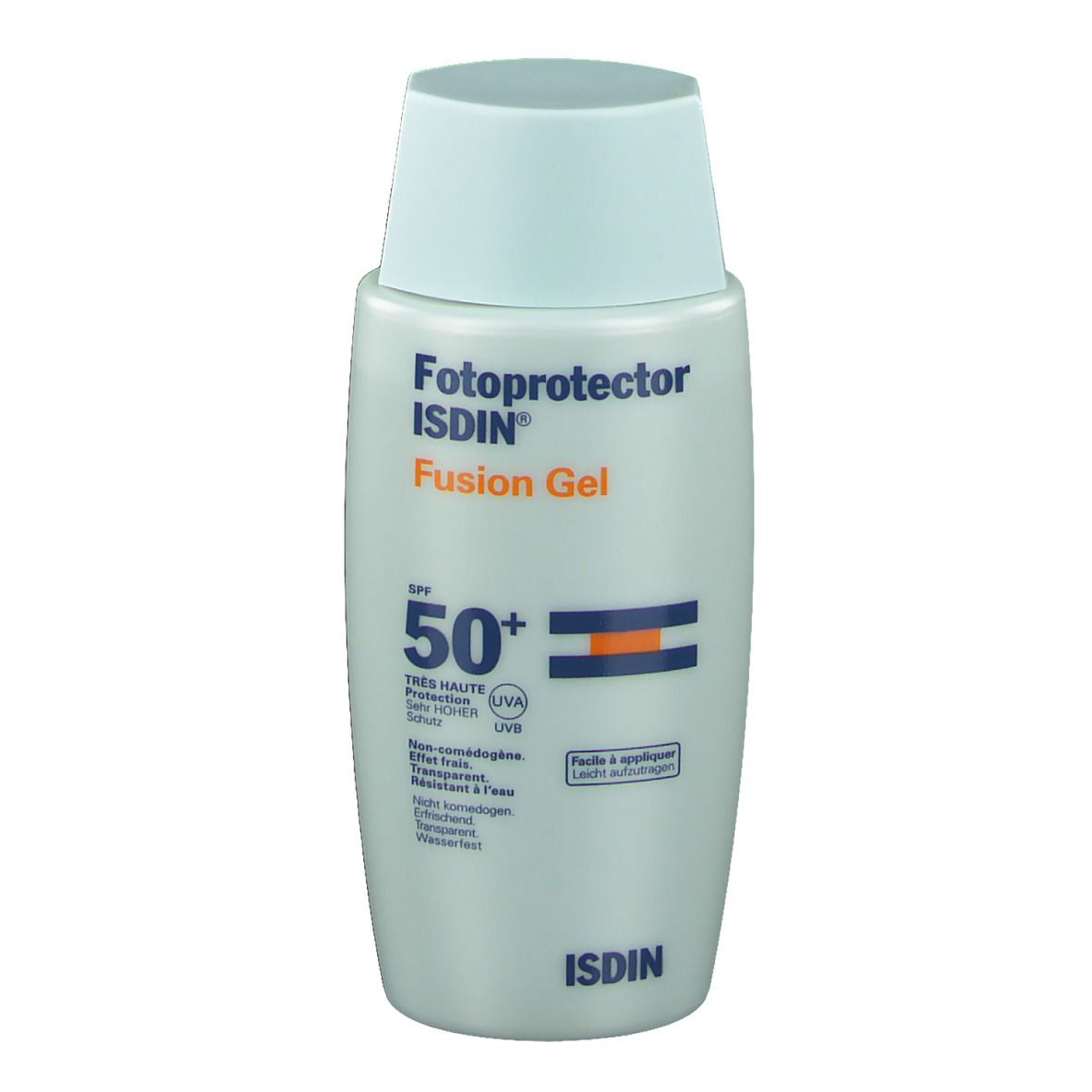 Zonnebrandcrèmefles met blauwe dop. Opschrift: Fotoprotector Fusion Gel SPF50+ van ISDIN.