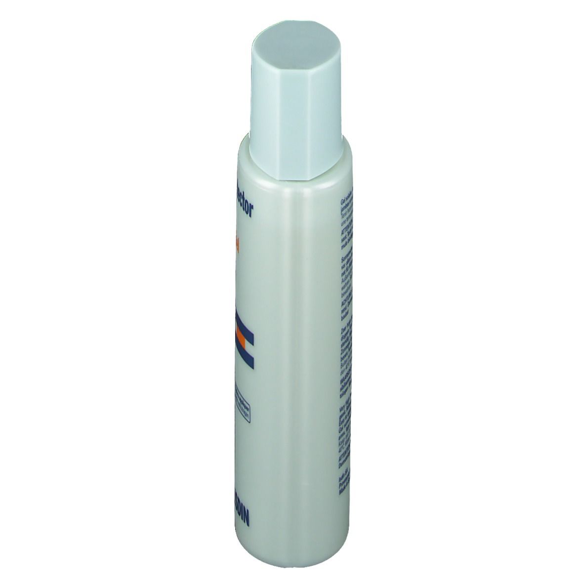 Zonnebrandcrèmefles, zijaanzicht. Blauw-witte fles met blauwe dop. ISDIN-logo.