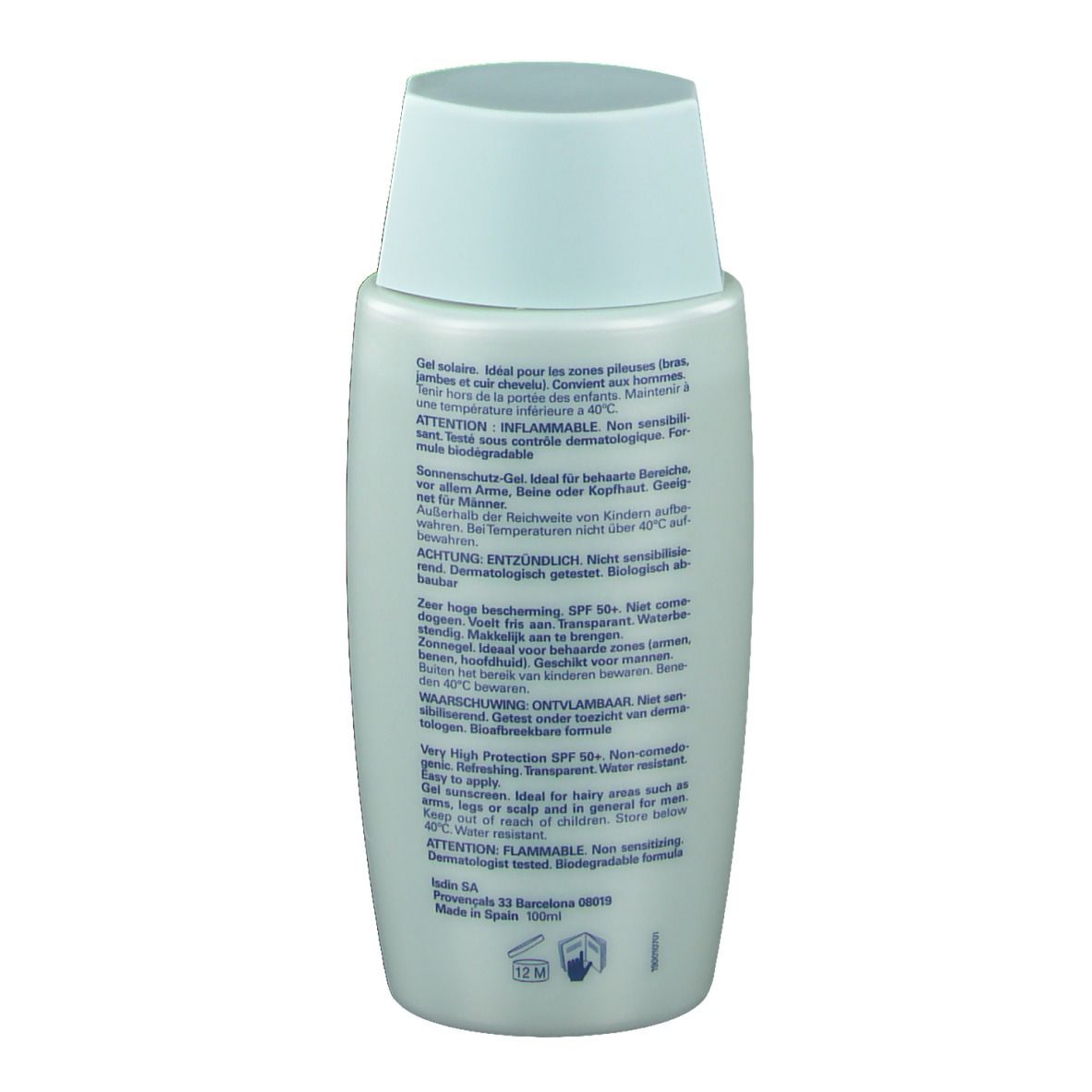 Achterkant van de zonnebrandcrèmefles. Tekst in meerdere talen. ISDIN-logo en 100ml.