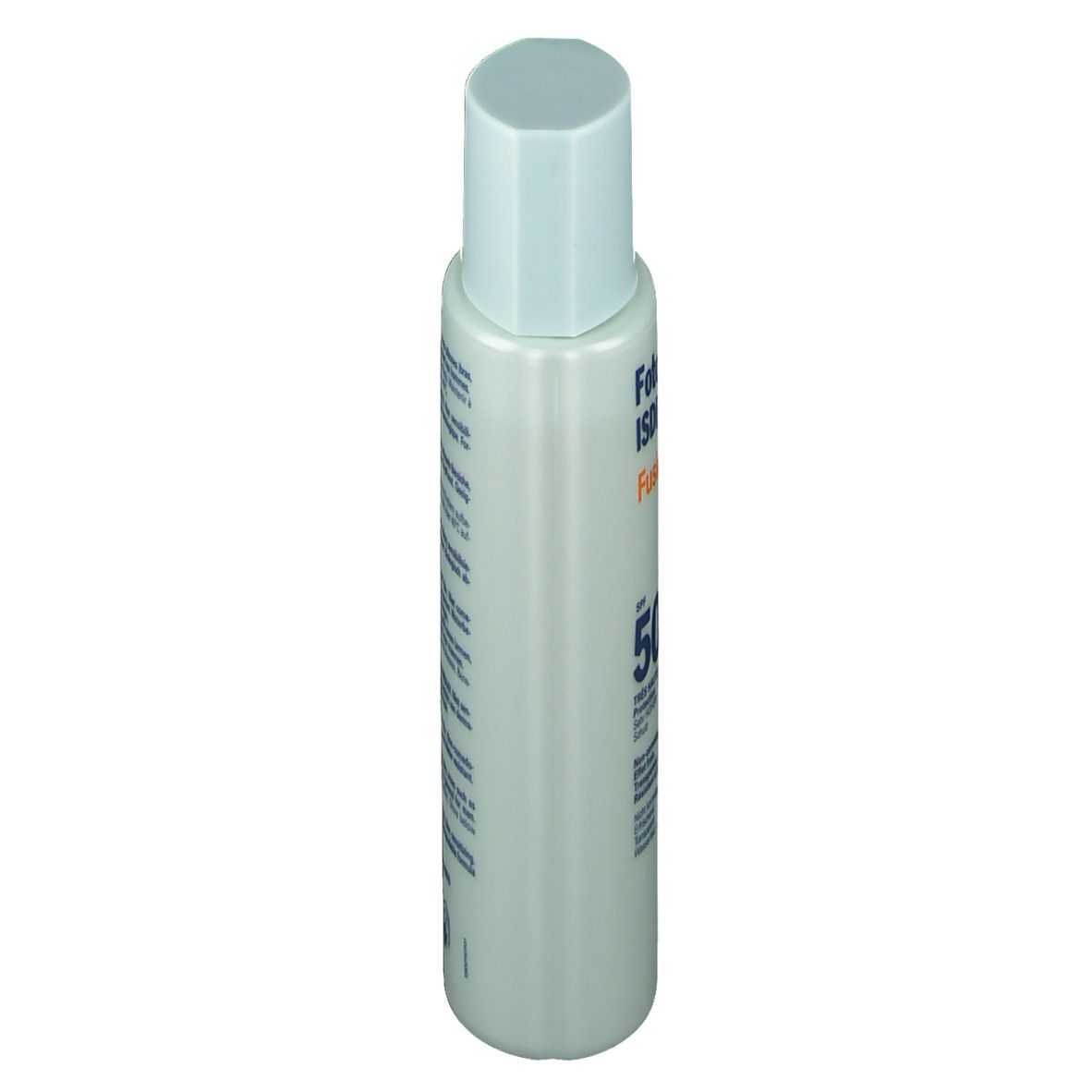 Zonnebrandcrèmefles, zijaanzicht. Blauw-witte fles met blauwe dop. ISDIN-logo.