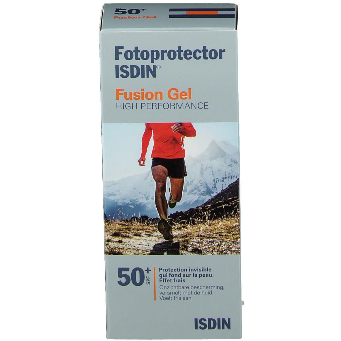 Verpakking van zonnebrandcrème. Opschrift: Fotoprotector Fusion Gel SPF50+ van ISDIN. Afbeelding van een hardloper.