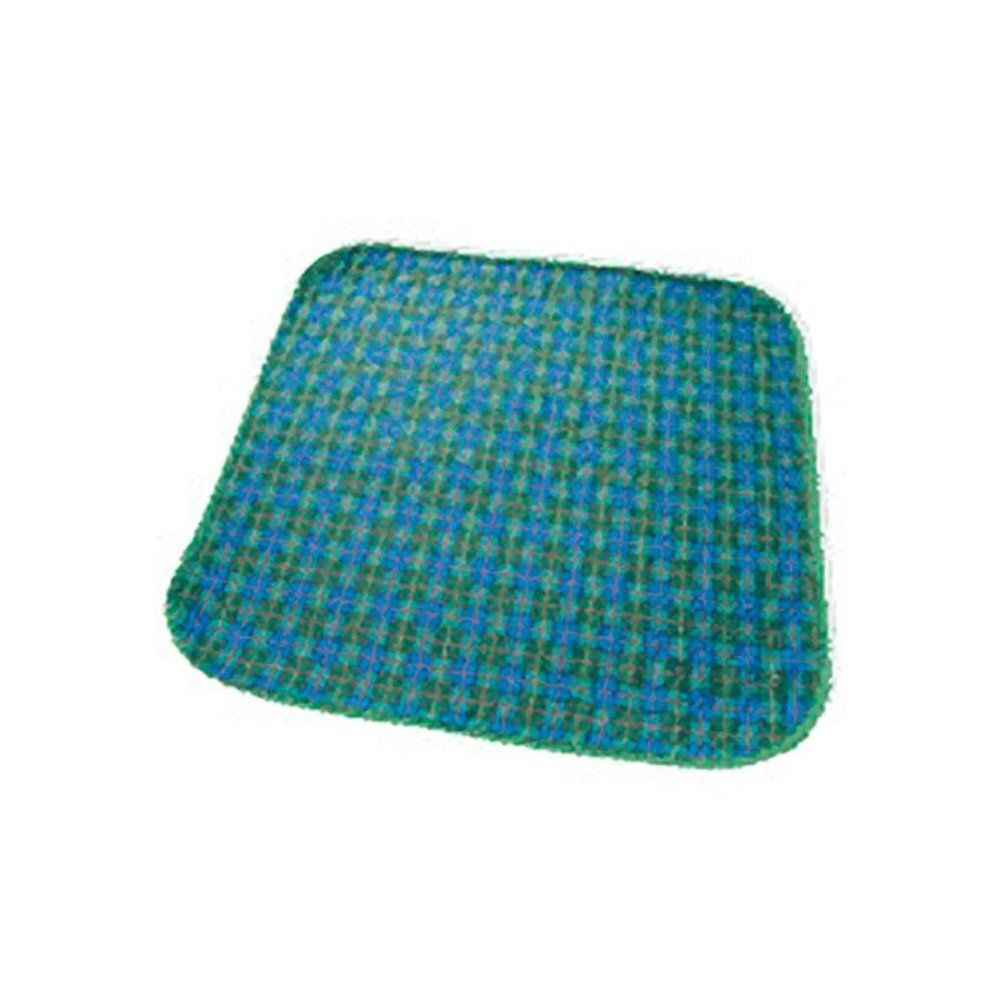 Vierkante stoelbeschermer met afgeronde hoeken. Blauwgroen ruitpatroon. Afmetingen 45x45cm.