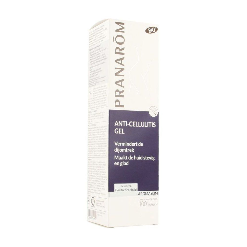 Witte doos met productnaam en -aanduiding. Paars vlak met tekst. Bio-label. Aromaslim 100 ml.