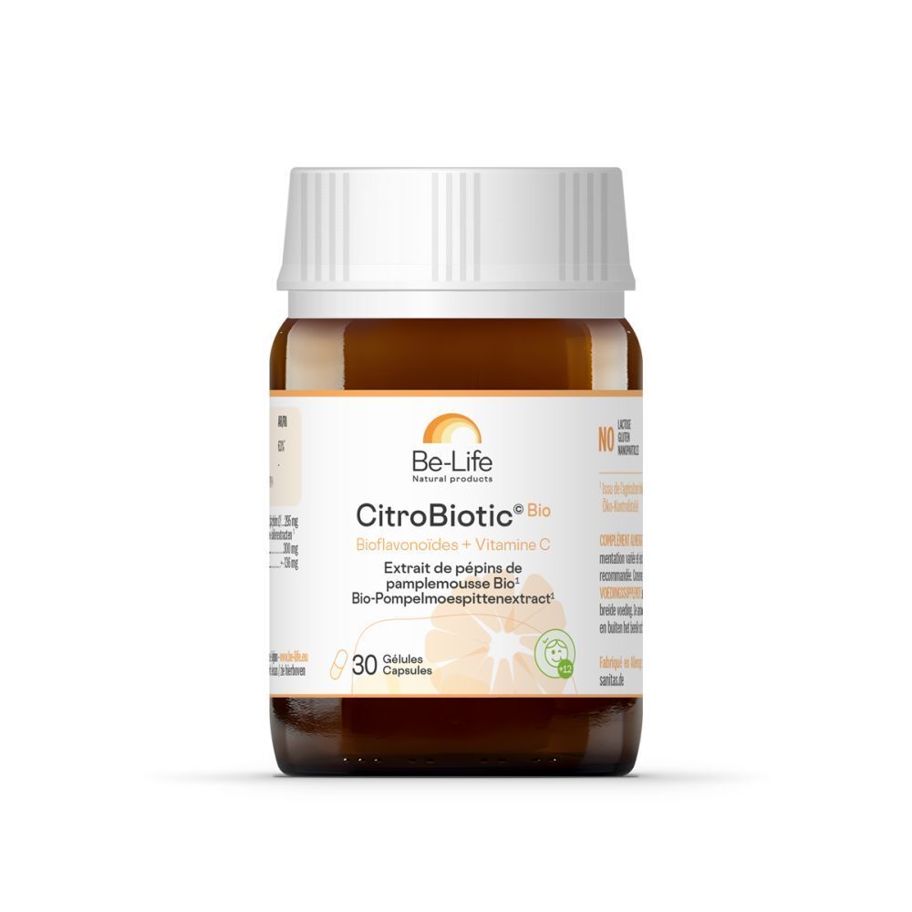 Bruine glazen fles met witte dop. Opschrift Be-Life CitroBiotic, Bio-flavonoïden + Vitamine C. 30 capsules. Bio-keurmerk.