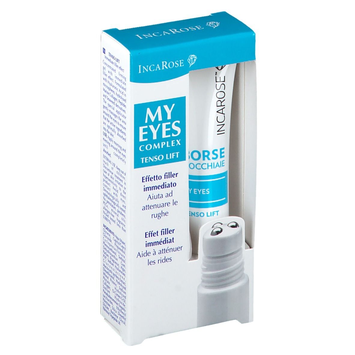 Emballage avec tube. Inscription : INCAROSE, MY EYES COMPLEX TENSO LIFT. Tube avec applicateur roll-on.