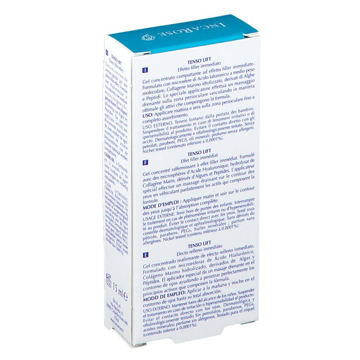 Emballage avec texte multilingue. Inscription : TENSO LIFT. Informations sur le produit et instructions d'utilisation.