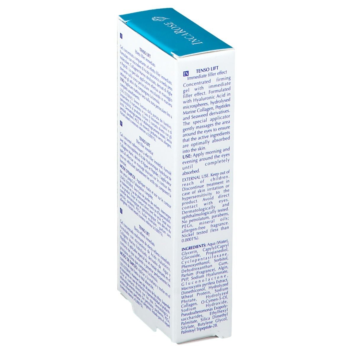 Emballage avec texte multilingue. Inscription : TENSO LIFT. Informations sur le produit et ingrédients.