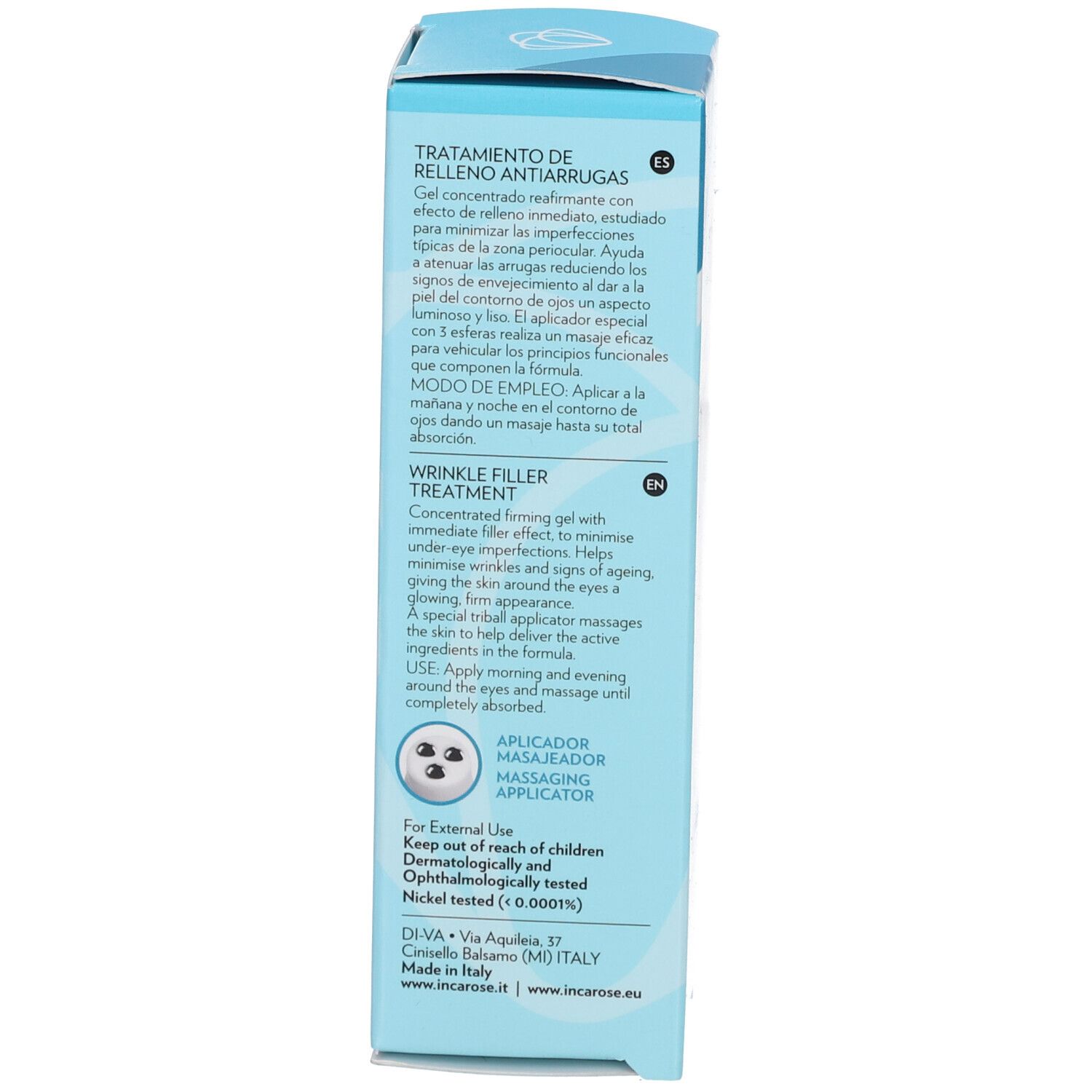 Emballage avec texte multilingue. Inscription : TENSO LIFT. Instructions d'utilisation et applicateur.