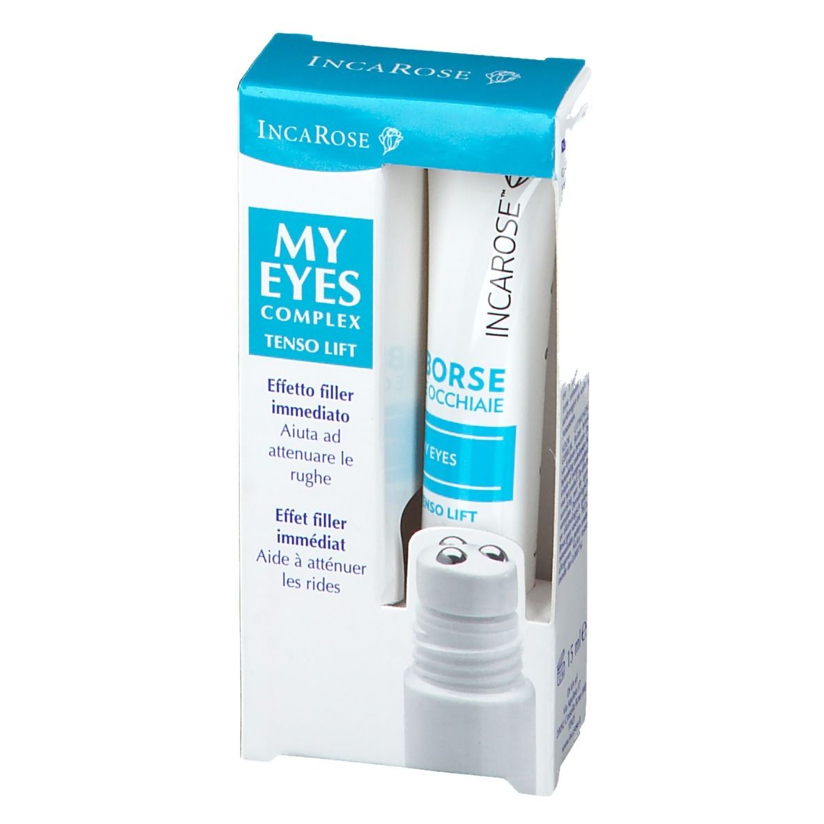 Emballage avec tube. Inscription : INCAROSE, MY EYES COMPLEX TENSO LIFT. Tube avec applicateur roll-on.